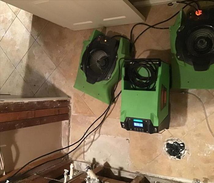 Green colored equipment drying wood studs in bathroom.