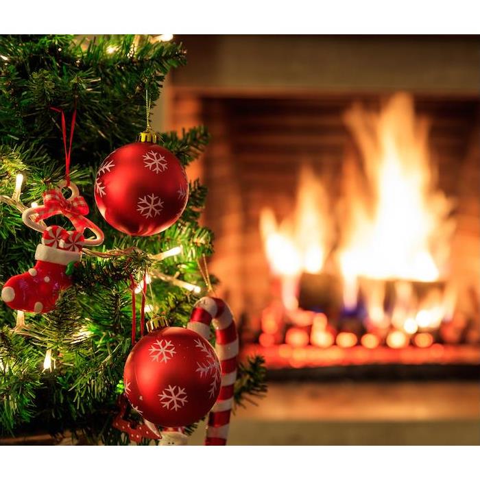 a small Christmas tree in front of a burning fireplace