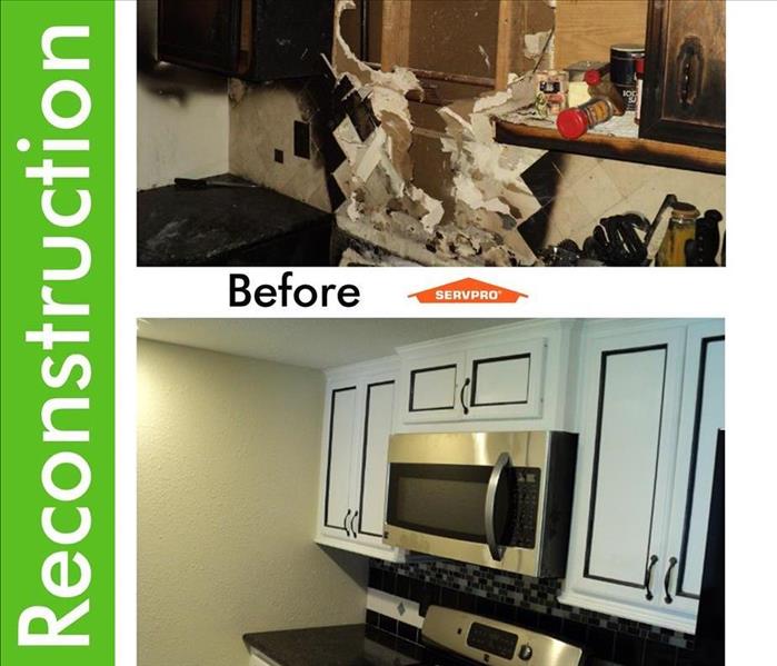 Picture of burnt kitchen cabinets and another picture with white new kitchen cabinets