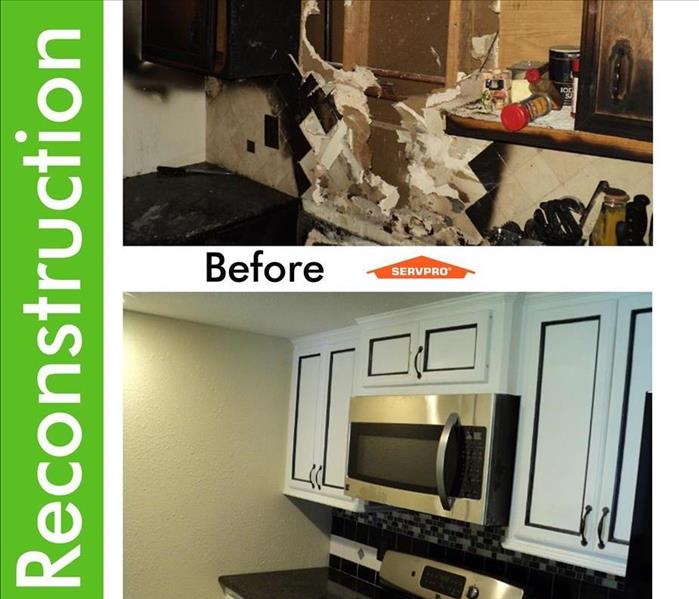 Picture of burnt kitchen cabinets and another picture with white new kitchen cabinets